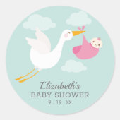 Pink Bundle Stork Girl Baby shower Ronde Sticker (Voorkant)