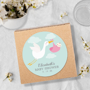 Pink Bundle Stork Girl Baby shower Ronde Sticker