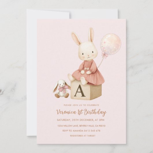 Pink Bunny 1st Birthday Kaart (Voorkant)