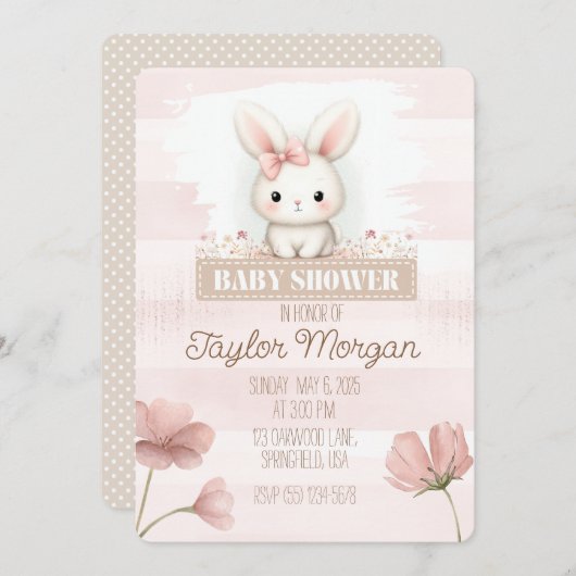 Pink Bunny Baby Shower Invitation Kaart (Voorkant / Achterkant)