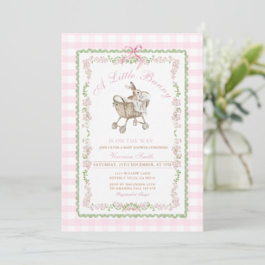 Pink Bunny Baby Shower Watercolor Grandmillennial  Kaart (Staand voorkant)