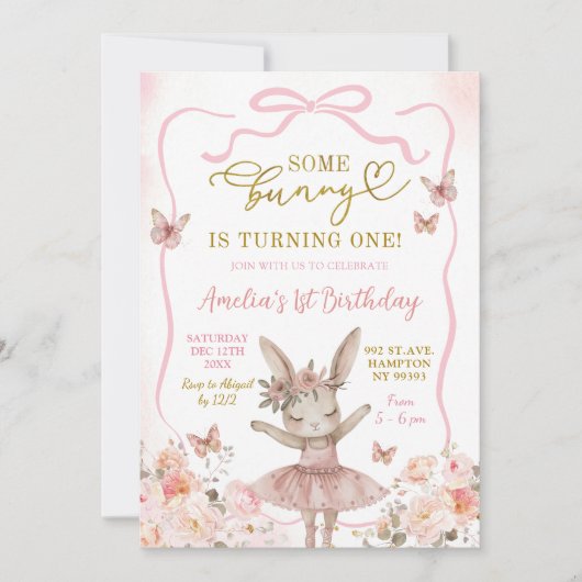 Pink Bunny Ballerina eerste verjaardag Kaart (Voorkant)