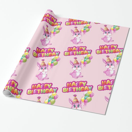 Pink Bunny Birthday Cartoon Cadeaupapier (Uitgerold)