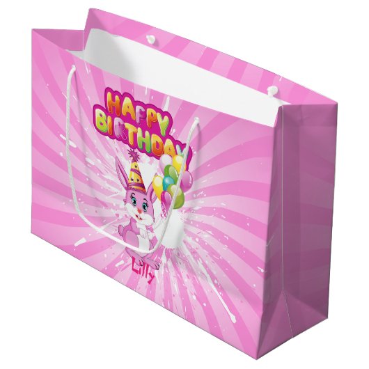 Pink Bunny Birthday Cartoon Large Cadeautasje (Voorkant Gekanteld)