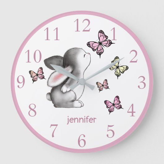 Pink Bunny Butterfly Nursery Decor Wall klok (Voorkant)