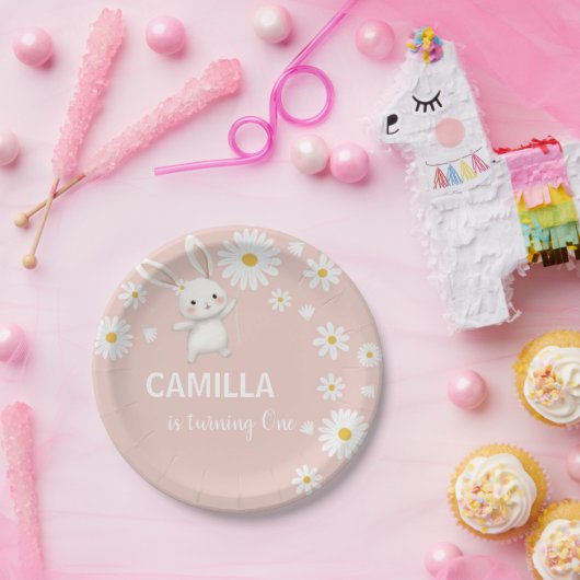Pink Bunny Daisy Verjaardag Dank u Labels Papieren Bordje (Feest)