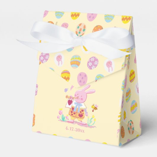 Pink Bunny & Egg Pattern Yellow Kids Birthday Bedankdoosjes (Voorkant Zijde)