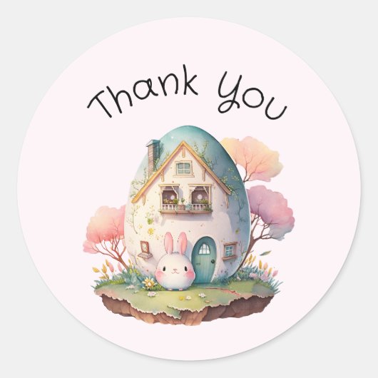 Pink Bunny & Egg Shaped House Kawaii Bedankt Ronde Sticker (Voorkant)