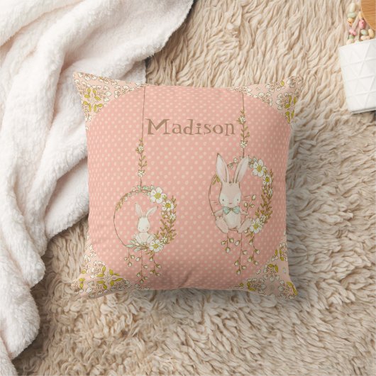Pink Bunny Floral Baby Girl Speciaal op maat gesne Kussen (Deken)