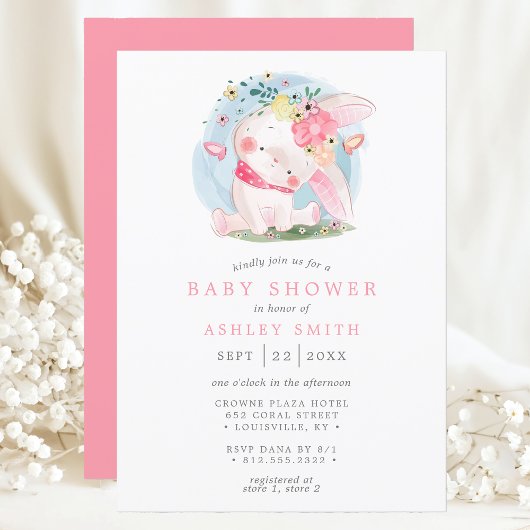 Pink Bunny Floral Butterfly Waterverf Baby shower Kaart