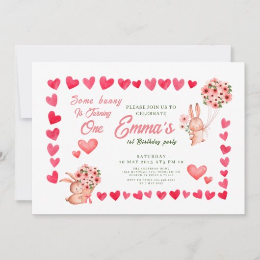 Pink bunny Floral eerste verjaardag Kaart (Voorkant)