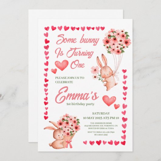 Pink Bunny floral First jarig uitnodiging (Voorkant / Achterkant)