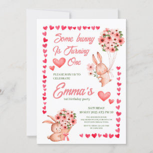 Pink Bunny floral First jarig uitnodiging