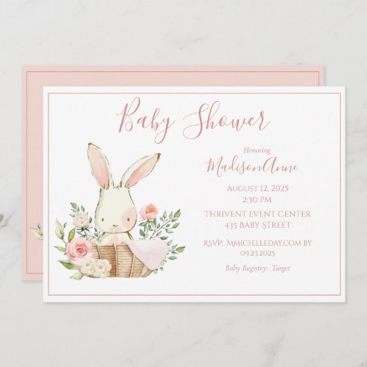 Pink Bunny Forest Waterverf Cute Baby shower Kaart (Voorkant / Achterkant)