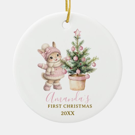 Pink Bunny Girl Rabbit First Christmas Keepsake Keramisch Ornament (Voorkant)