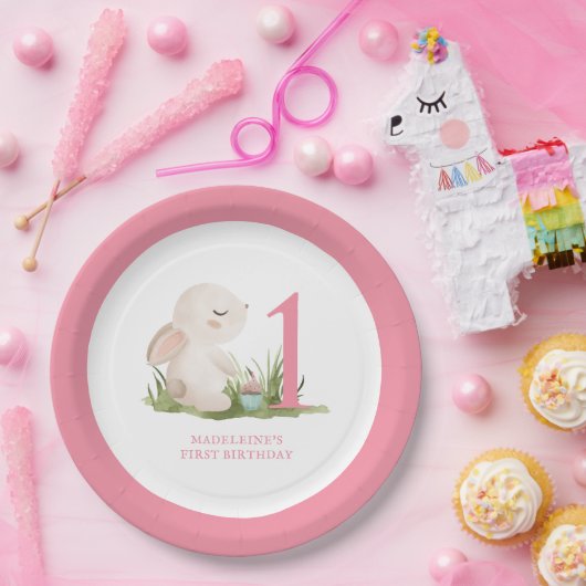 Pink Bunny Girl's 1e Verjaardag Papieren Bordje (Feest)