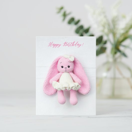 Pink Bunny Happy Birthday Art Briefkaart (Staand voorkant)