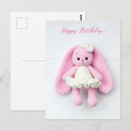 Pink Bunny Happy Birthday Art Briefkaart (Voorkant / Achterkant)