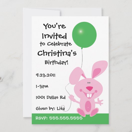 Pink Bunny Holding Green Balballon Birthday Invite Kaart (Voorkant)