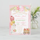 Pink Bunny Ladybug Strawberry Floral Birthday Kaart (Staand voorkant)