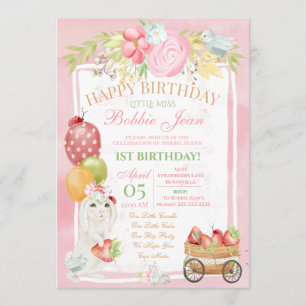 Pink Bunny Ladybug Strawberry Floral Birthday Kaart