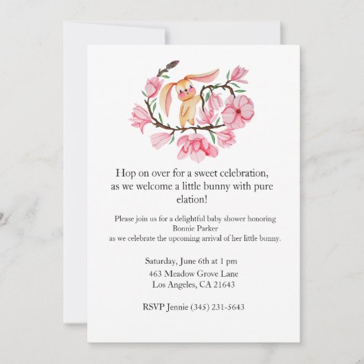 Pink Bunny Magnolia Baby shower Invitation Kaart (Voorkant)