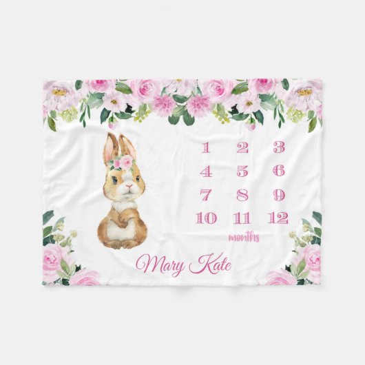 Pink Bunny Rabbit Floral Baby Maandelijkse mijlpaa Fleece Deken (Voorkant (Horizontaal))