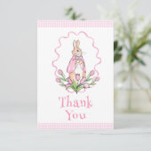 Pink Bunny Rabbit Gingham Floral Baby shower Bedankkaart (Staand voorkant)