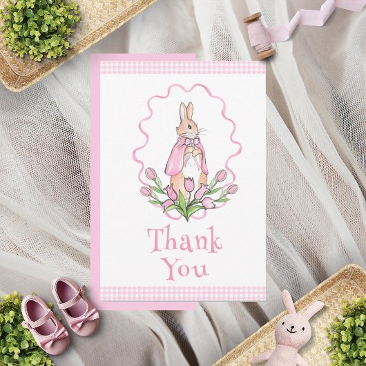 Pink Bunny Rabbit Gingham Floral Baby shower Bedankkaart