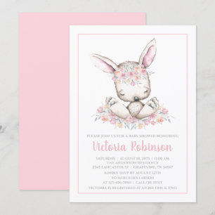 Pink Bunny Rabbit Girl Waterverf Baby shower Kaart