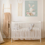Pink Bunny Rabbit Personalized Sage Green Nursery Imitatie Canvas Print<br><div class="desc">Sweet waterverf konijnenkonijn in een mand met zachte pastelkleur bloemen rond. Een schattige zachte zachte groene achtergrond. Ideaal voor babymeisjescrèche of meisjeskamer.</div>