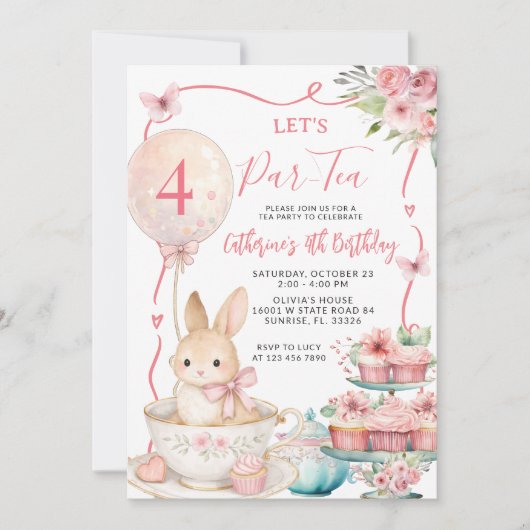 Pink Bunny Tea Party Birthday Let’s Par Tea Kaart (Voorkant)
