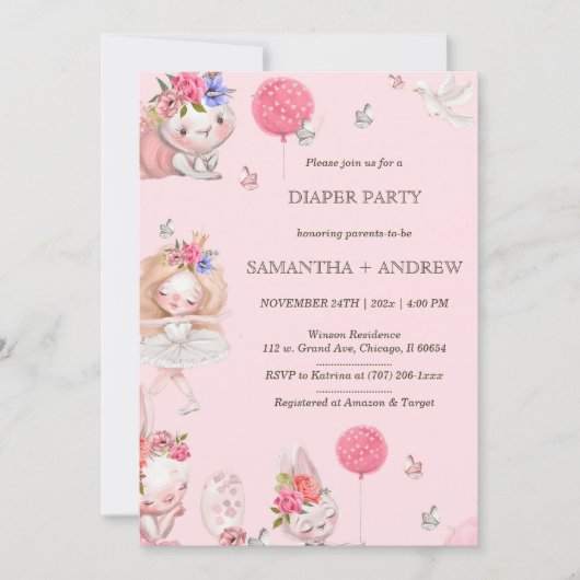 Pink Bunny Thema Luierfeest Kaart (Voorkant)