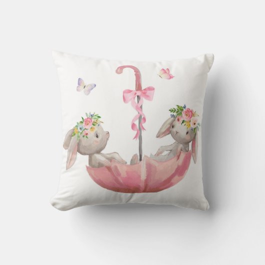 Pink Bunny Umbrella Boho Baby Girl Nursery Pillow Kussen (Voorkant)