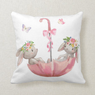 Pink Bunny Umbrella Boho Baby Girl Nursery Pillow Kussen