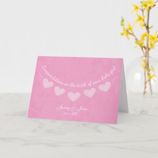 Pink Bunting Baby meisje gefeliciteerd Kaart (Gele Bloem)