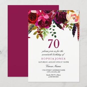 Pink Burgundy Boho Floral 70th Birthday Party Kaart
