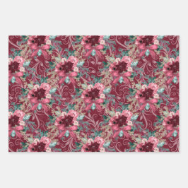 PINK BURGUNDY CHRISTMAS WATERVERF FLOWERS INPAKPAPIER VEL