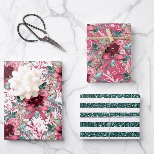 PINK BURGUNDY CHRISTMAS WATERVERF FLOWERS INPAKPAPIER VEL (Voorkant)