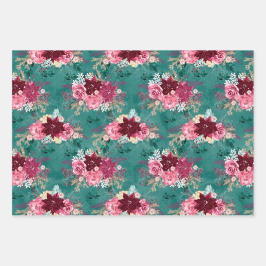 PINK BURGUNDY CHRISTMAS WATERVERF FLOWERS INPAKPAPIER VEL (Voorkant 2)