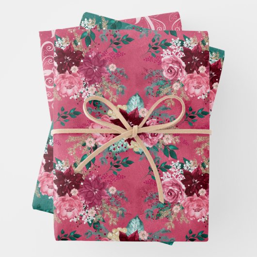 PINK BURGUNDY CHRISTMAS WATERVERF FLOWERS INPAKPAPIER VEL (In situ)