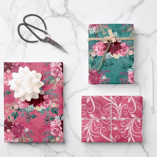 PINK BURGUNDY CHRISTMAS WATERVERF FLOWERS INPAKPAPIER VEL (Voorkant)