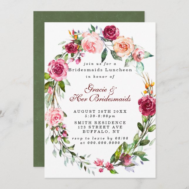 Pink Burgundy Floral Bridesmaids Luncheon Invites (Voorkant / Achterkant)