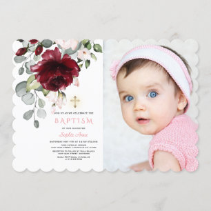 Pink Burgundy Floral Foto Girl Gold Cross Baptisme Kaart
