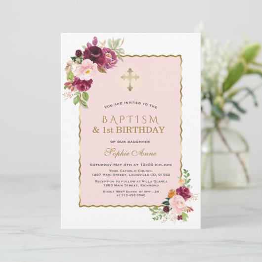 Pink Burgundy Floral Girl 1st Birthday & Baptisme Kaart (Staand voorkant)