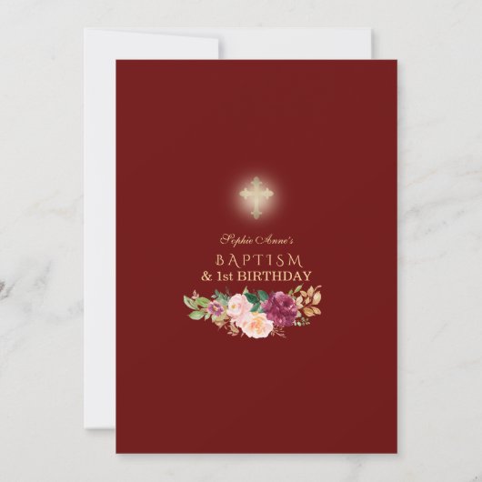 Pink Burgundy Floral Girl 1st Birthday & Baptisme Kaart (Achterkant)