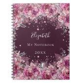 Pink burgundy floral glitter stofnaam notitieboek (Voorkant)