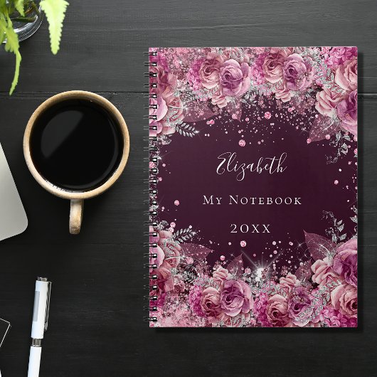 Pink burgundy floral glitter stofnaam notitieboek