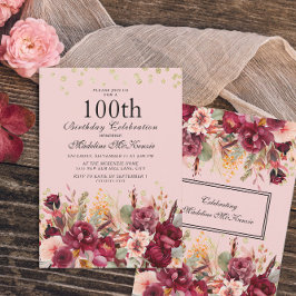 Pink Burgundy Floral Gold Glitter 100th Birthday Kaart