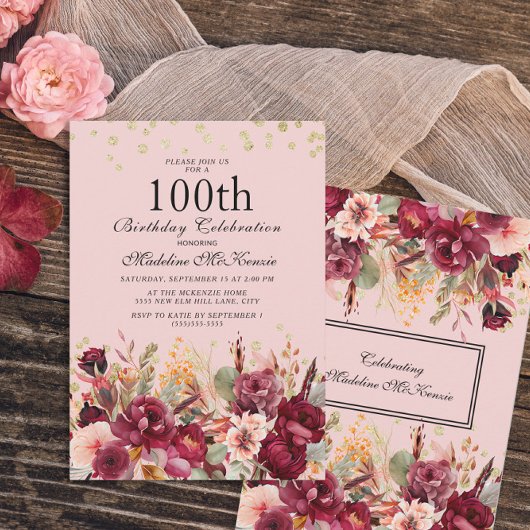 Pink Burgundy Floral Gold Glitter 100th Birthday Kaart